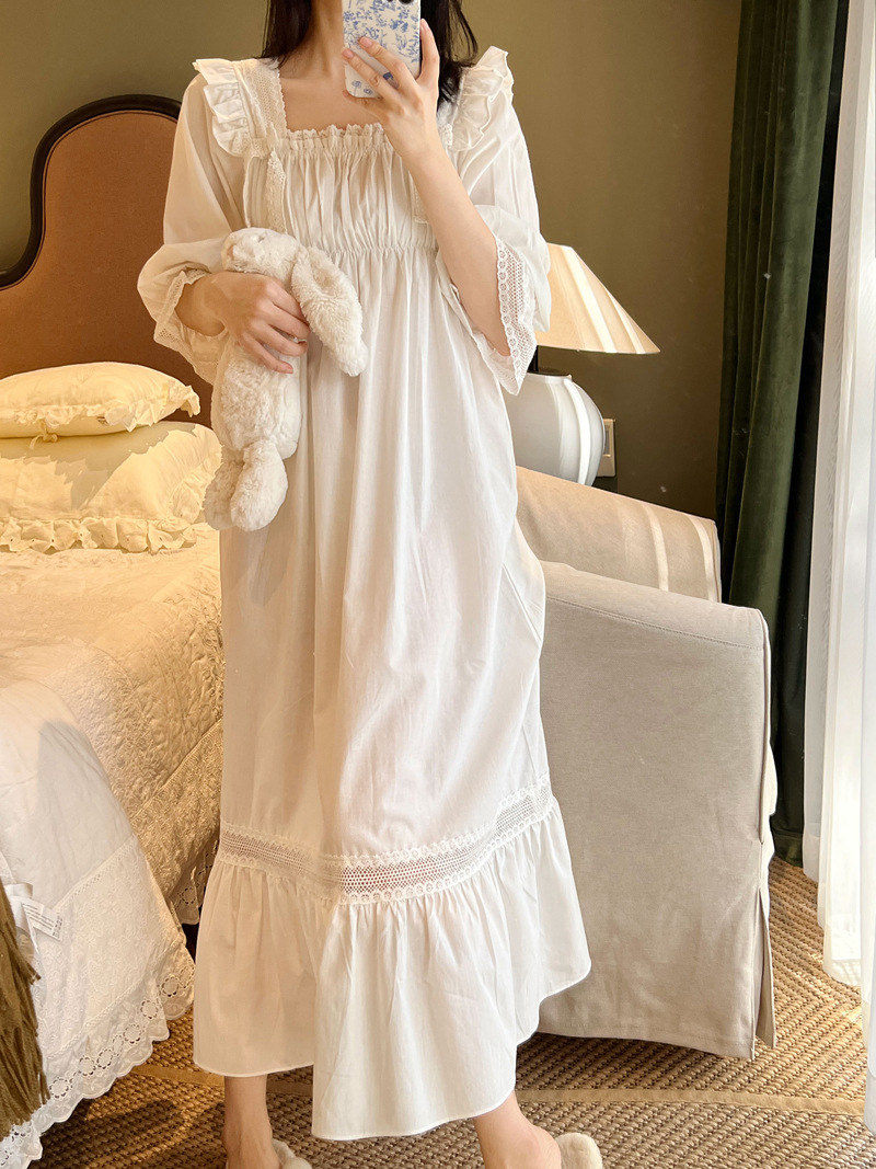 Victorian White Night Dress Women Pure Cotton Sexy Lace Ruffles Long Sleeve Robe Peignoir Sleepwear Princess Vintage Nightgowns alx