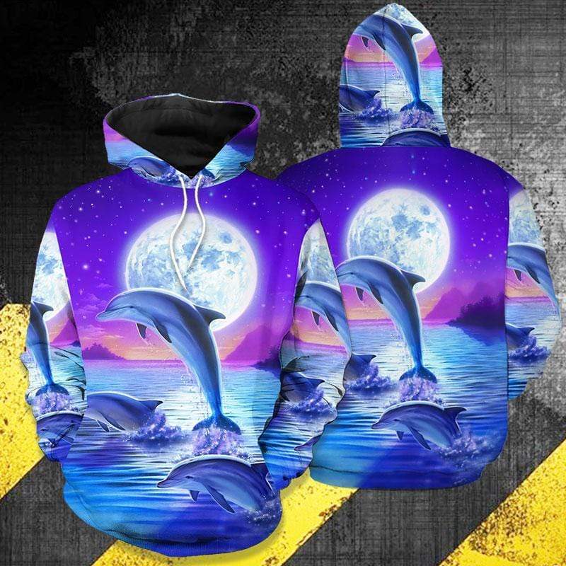 Beautiful Dolphin With The Moon Blue Purple Hoodie 3D All over print #3011h