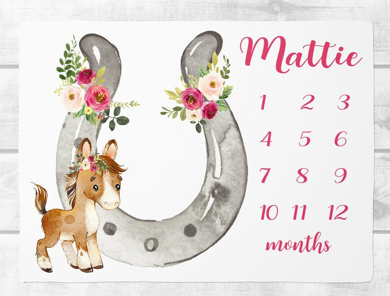 Horse Milestone Blanket Baby Girl Milestone Blanket With Horse Shoe Personalized Baby Girl Month Blanket Horse Bedding Farm Baby Shower Gift