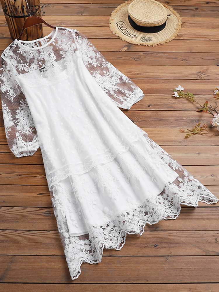 ZANZEA Summer Women Lace Up Holiday Sundress Vestidos Femme Short Sleeve Casual Hollow Out Solid Knee-length Dress Robe 2022 alx