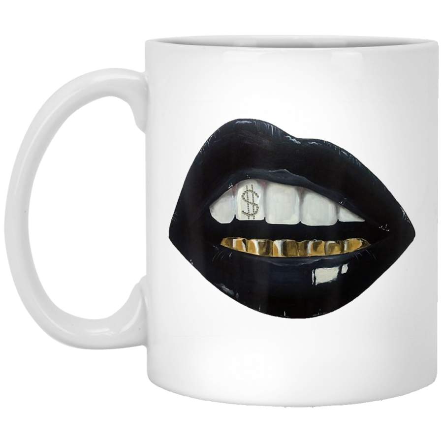 Tee Red Black Lips Gold Teeth Dollar Yell Smile Vintage Coffee Mug