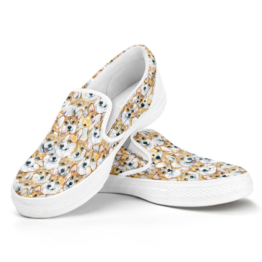 Watercolor Corgi Pattern Print White Slip On Shoes