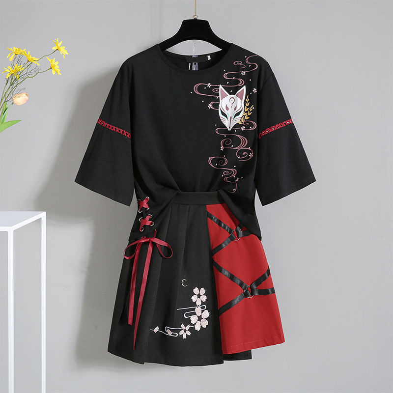 Anime Summer Women’s Clothing Japanese Red Ribbon Girl Lolita T-shirt Short Skirt Set Adult Fox Hanfu Dress Costume alx