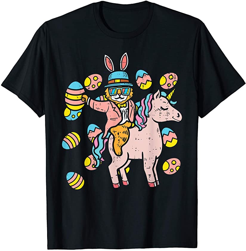 Cat Bunny Ears Eggs Riding Unicorn Easter Day Kids Girls T-Shirt