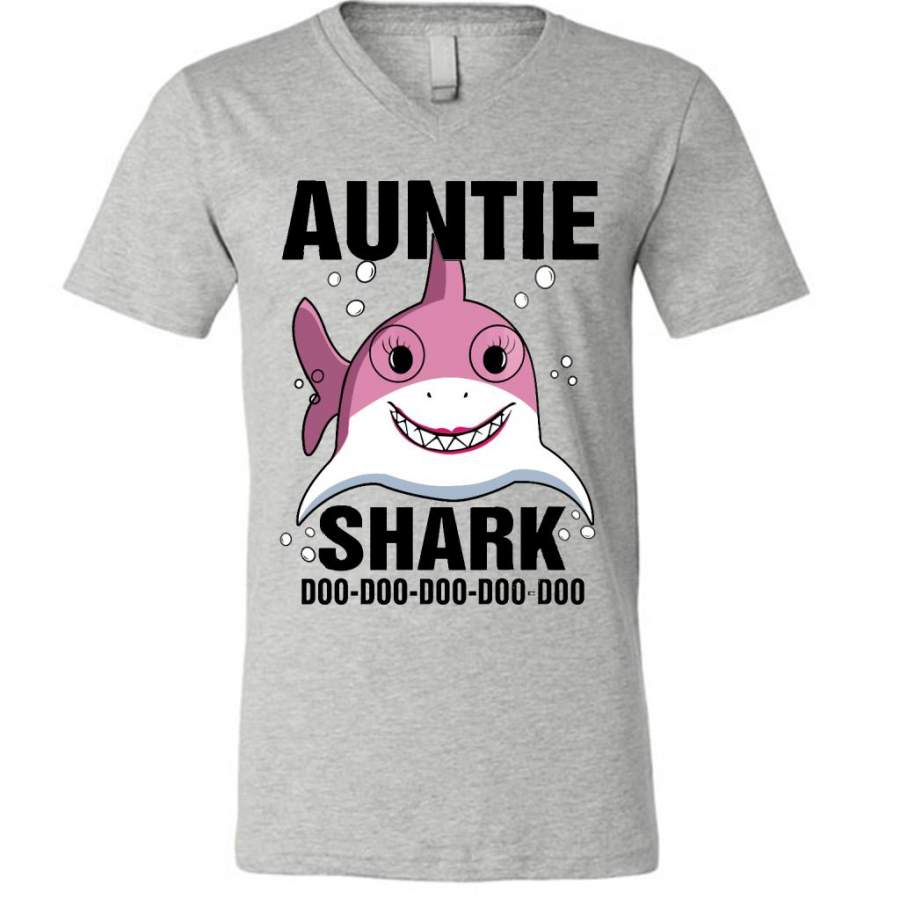 Auntie Shark Doo Doo Doo Doo Doo Doo (w) – Canvas Unisex V-Neck Shirt