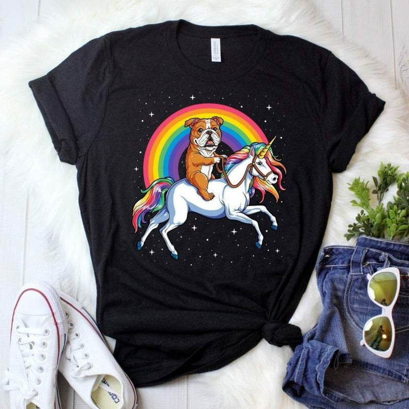 Funny English Bulldog Riding Unicorn Rainbow Gift Dog Lovers Cotton T-Shirt