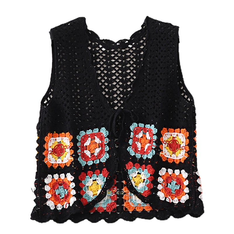 Women Crochet Knit Waistcoat Lace-Up Open Front Sleeveless Crop Cardigan Ethnic Colorful Plaid Sweater Vest Shrug Jacket alx