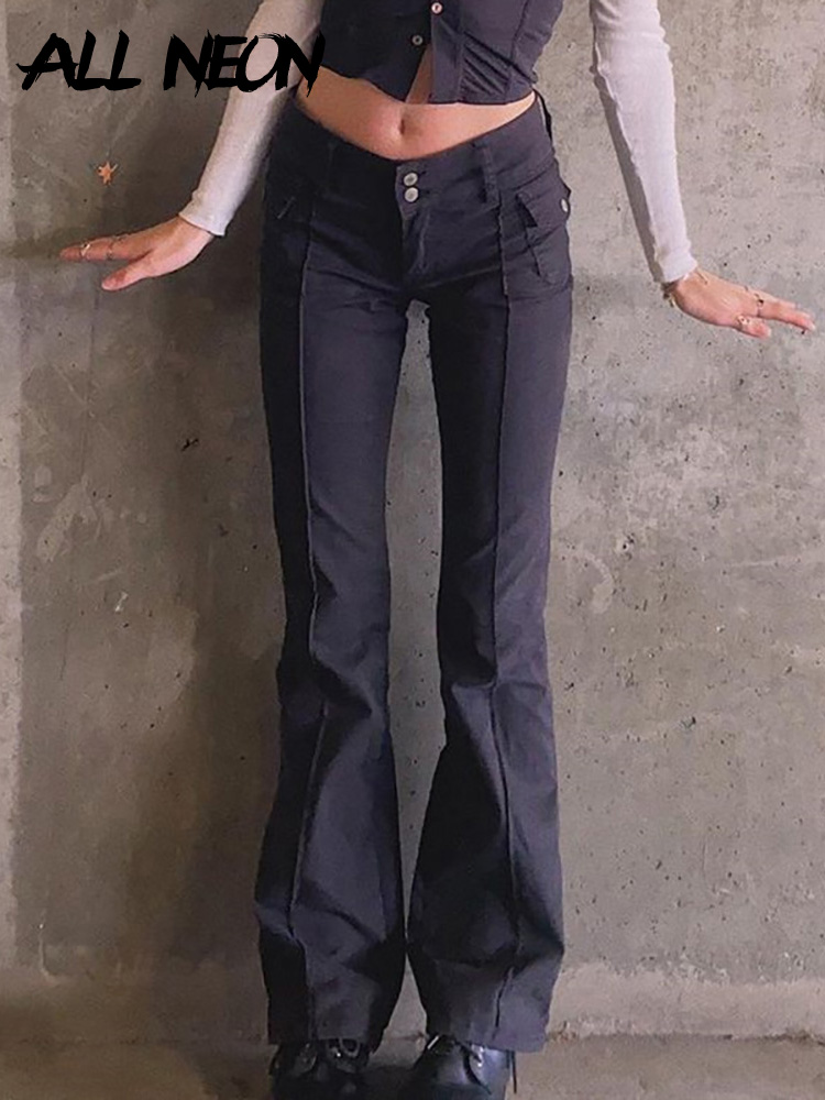 ALLNeon Indie Aesthetics Slim Low Waist Flare Pants E-girl Vintage Pockets Solid Y2K Pants Autumn 90s Fashion Black Trousers alx