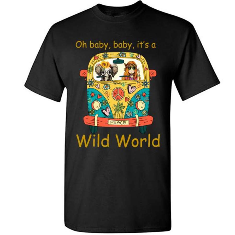 Oh Baby Baby It’s A Wild World, Hippie Car Girl, Peace Sign, Elephant Design – Gildan Short Sleeve Shirt