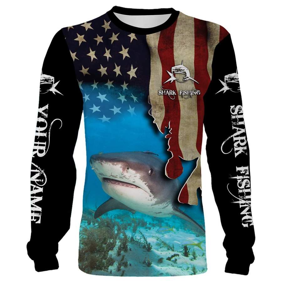 Shark Fishing 3D American Flag Patriotic Customize name All over print shirts – personalized fishing gift for Adult and Kid – NQS542