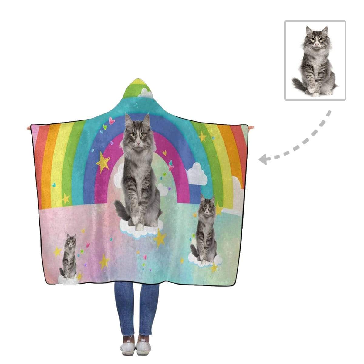 Custom Face Cat Color Stripe Flannel Hooded Blanket