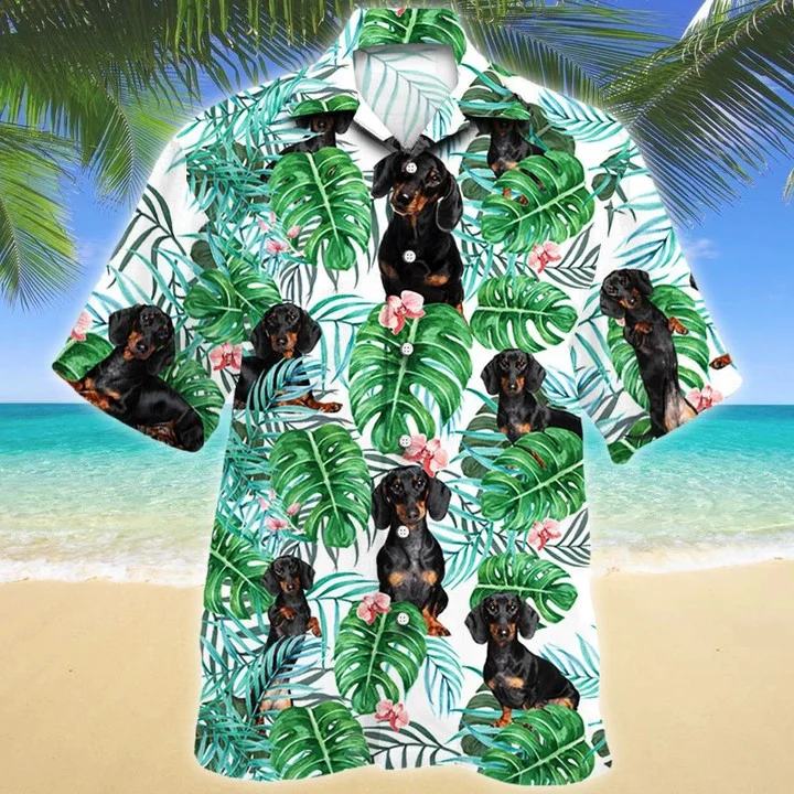 Dachshund Dog Tropical Plant White Theme Hawaii Shirt Ha36143