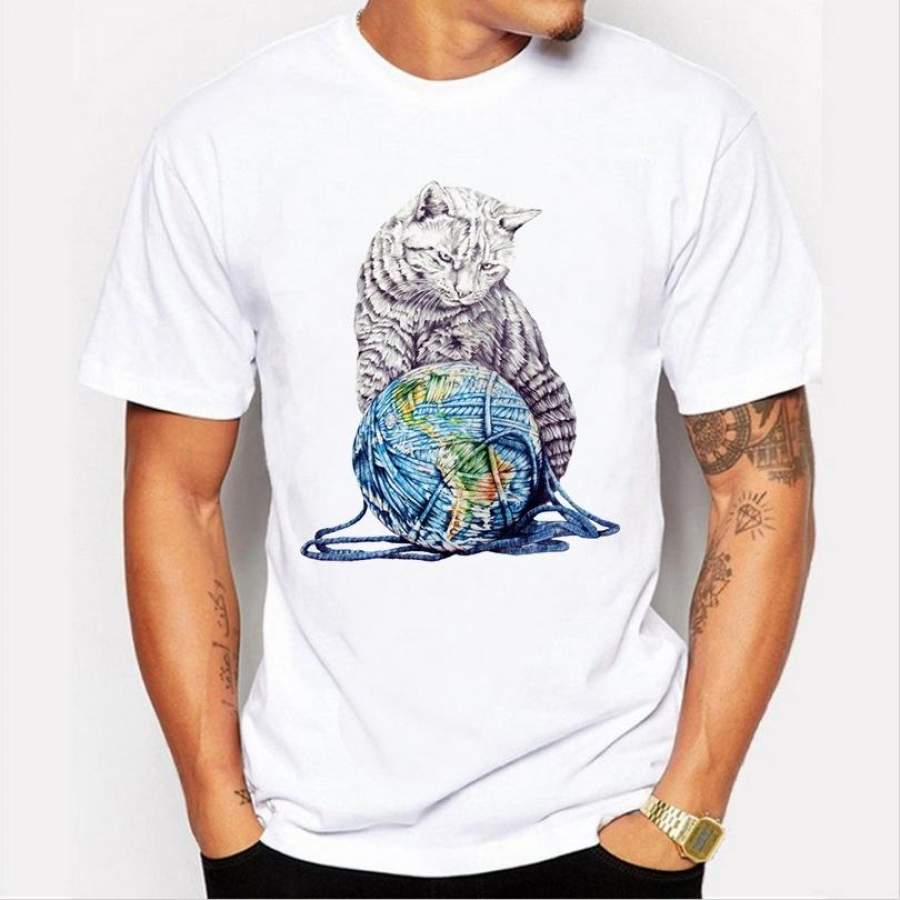 2017 Summer Street Hot Cute Cat Wool Ball Print Men Short Sleeve White T Shirt Quality Fashion Cool Shirt T Shirt Clothing