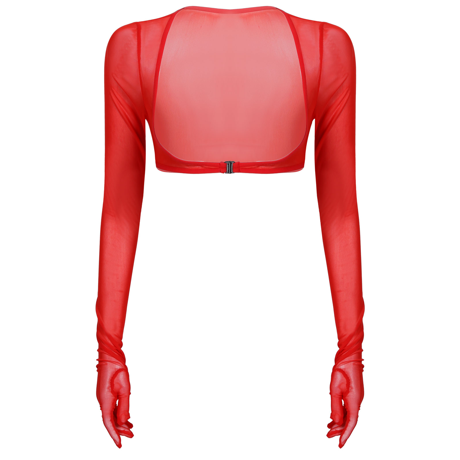 Women See-through Open Chest Gloves Tops Long Sleeve Open Front Buckle Mesh Crop Tops Ladies Leotard T-Shirts Tees for Nightclub alx