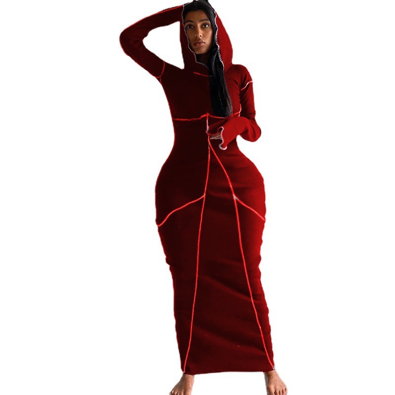 CM.YAYA Women Patchwork Hooded Long Sleeve Bodycon Maxi Dress Sexy Club Party Long Dresses 2021 Spring winter alx