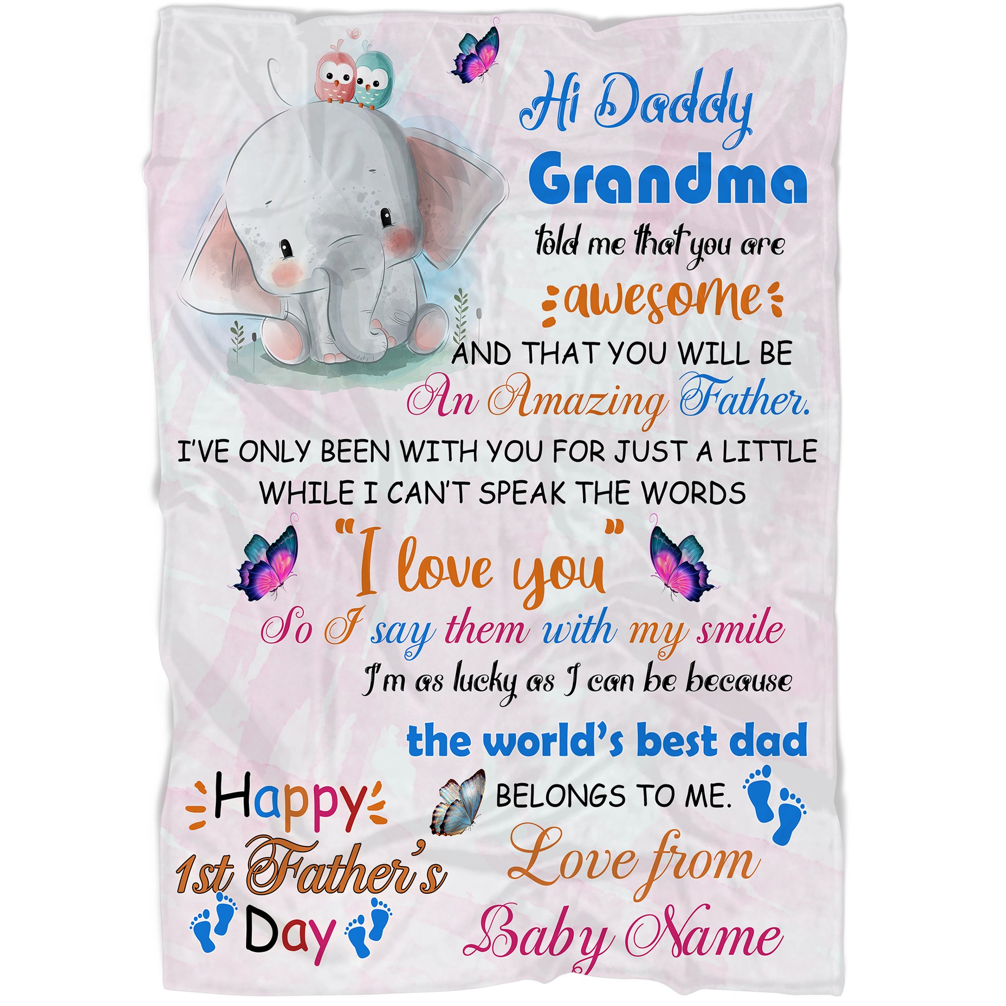 Personalized Cute Elephant Fleece Blanket| First Father’s Day Gift from Grandma| Gift for New Dad To Be, Expecting Dad JB73 ChipteeAmz