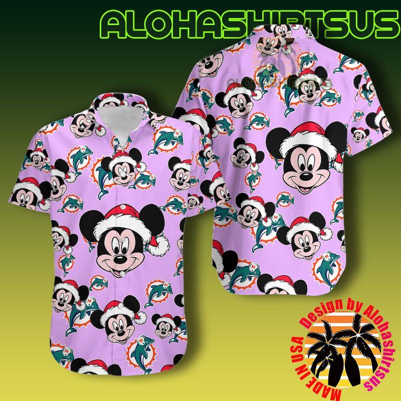 Mickey Mouse Head Christmas Miami Dolphins Nfl Pink Matching Family Hawaiian Shirts