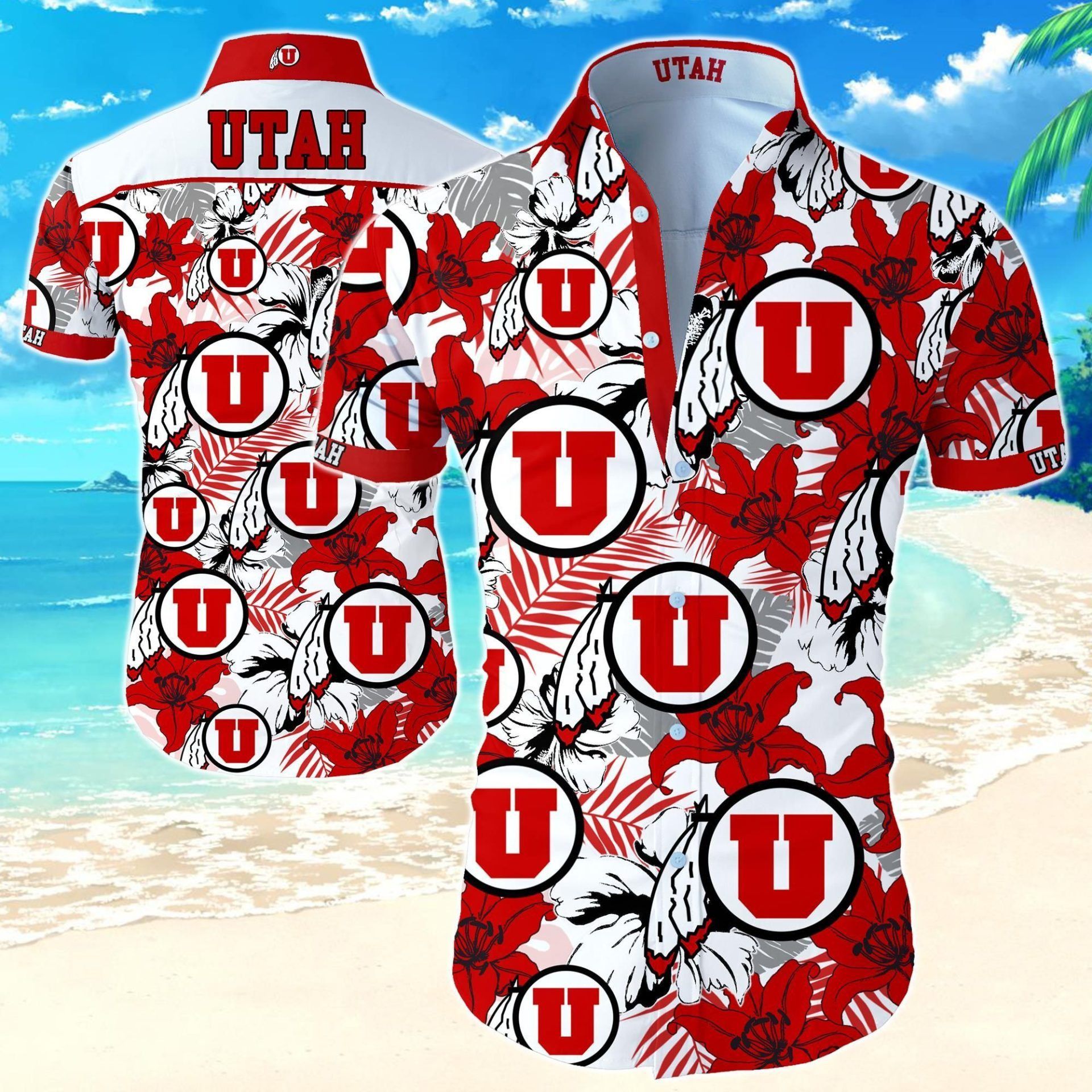 NCCA Utah Utes Red White Tropical Flowers Hawaiian Shirt