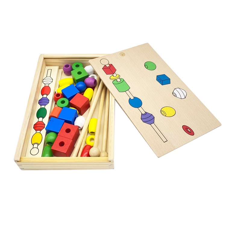 LIQU Montessori Toys Bead Sequencing Set With 22 Wooden Beads and 3 Pattern Boards alx