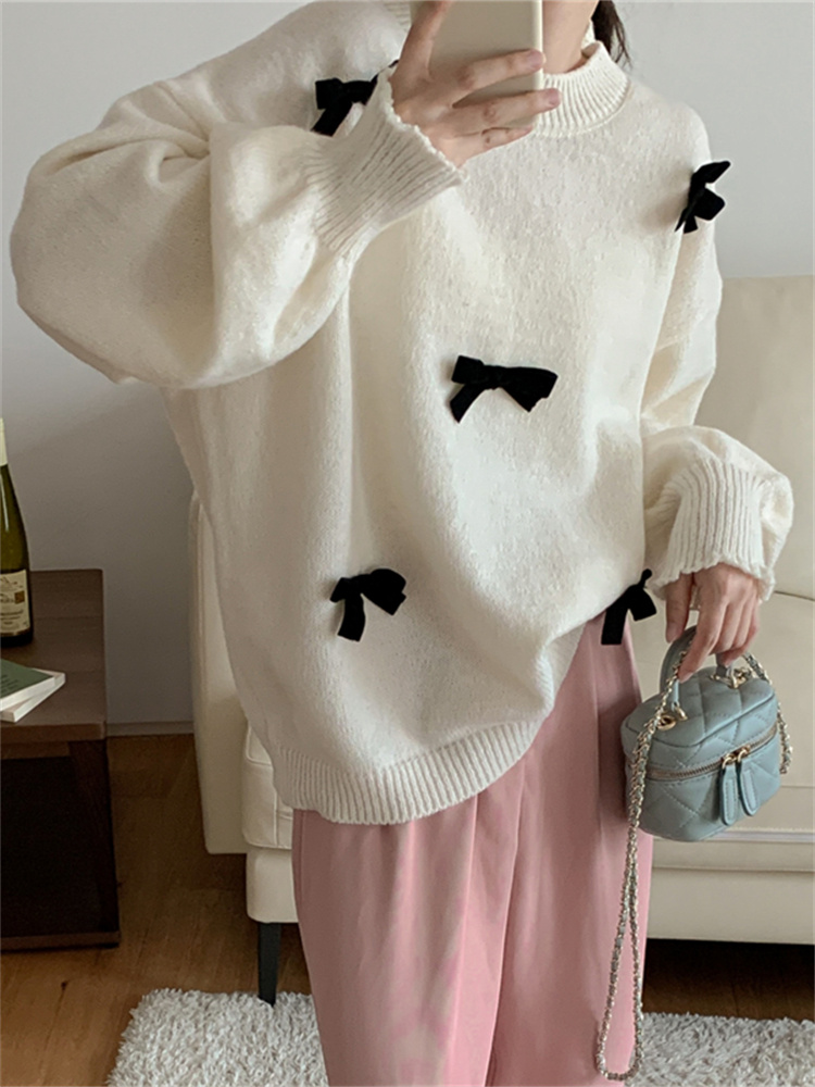 Syiwidii Bow Pullovers Oversized Casual Sweater Korean Fashion 2022 Fall Winter Knit Jumpers Chic Ladies Blue Pink Beige Tops alx