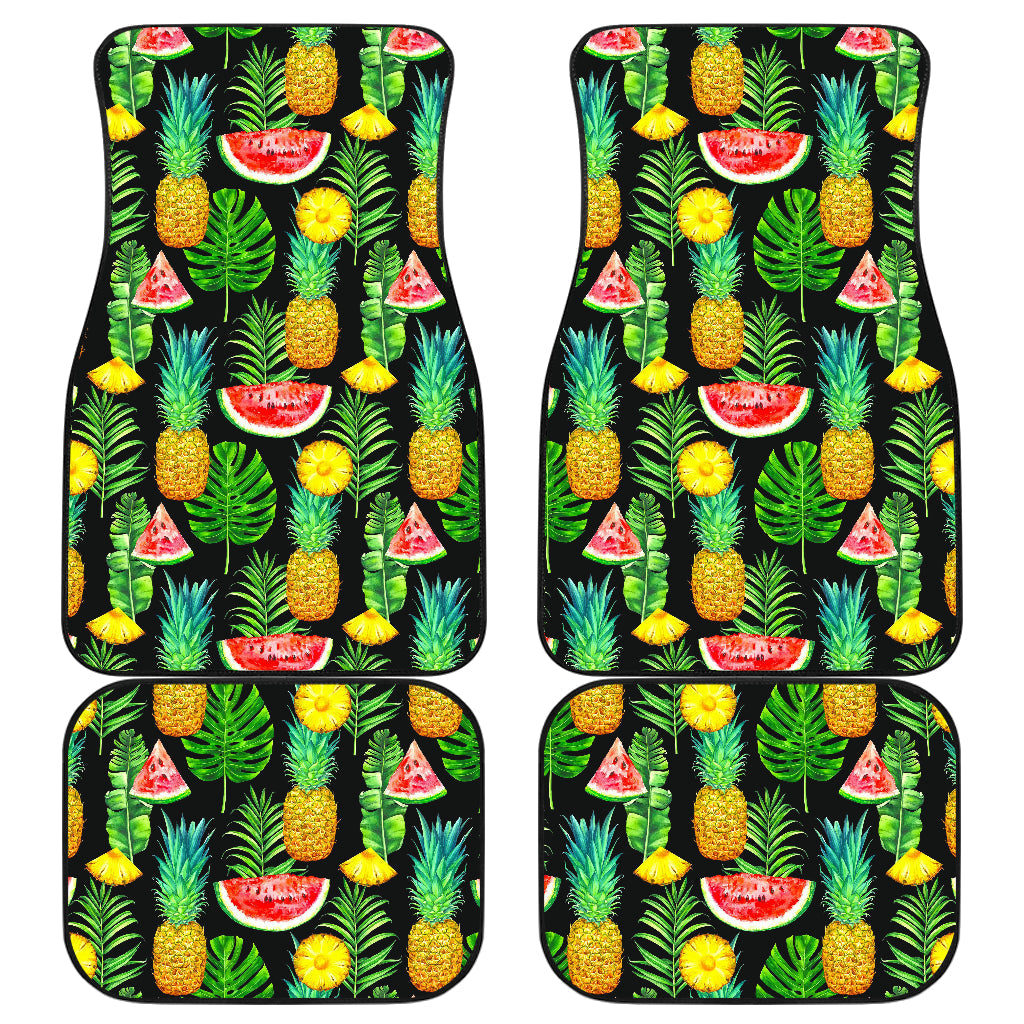 Black Tropical Pineapple Pattern Print Front And Back Car Floor Mats, Front Car Mat