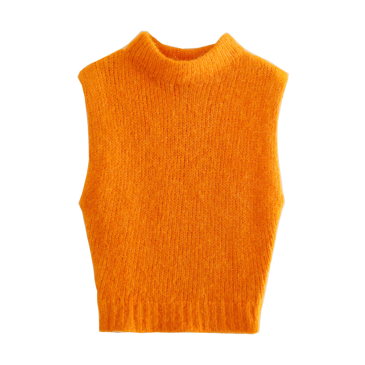 Zevity Women Sweet Stand Collar Sleeveless Orange Knitting Vest Sweater Female Chic Soft Touch Pullovers Waistcoat Tops SW985 alx