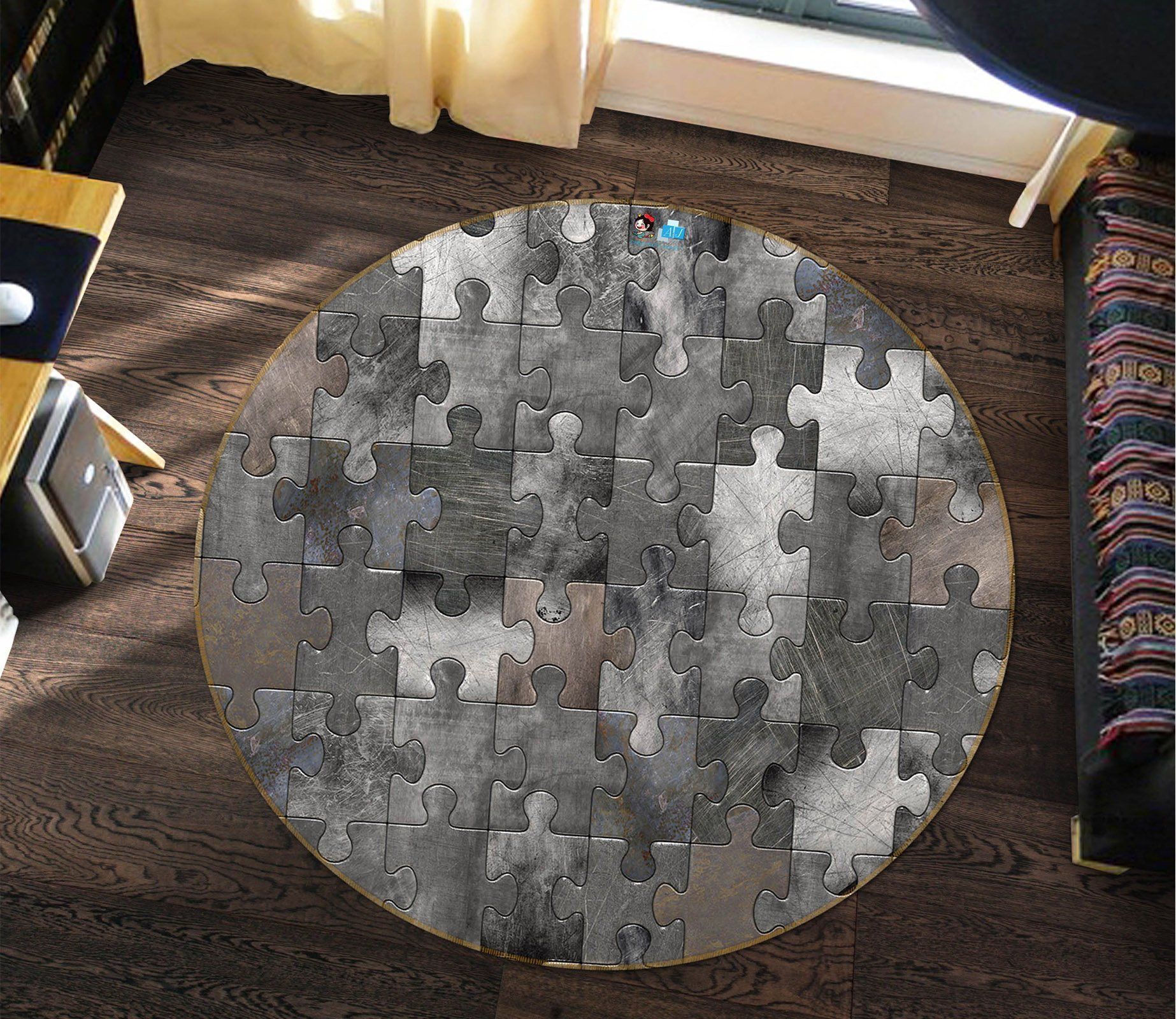 3D Black And White Picture Puzzle 26 Round Rug – Round Carpet Home Decor