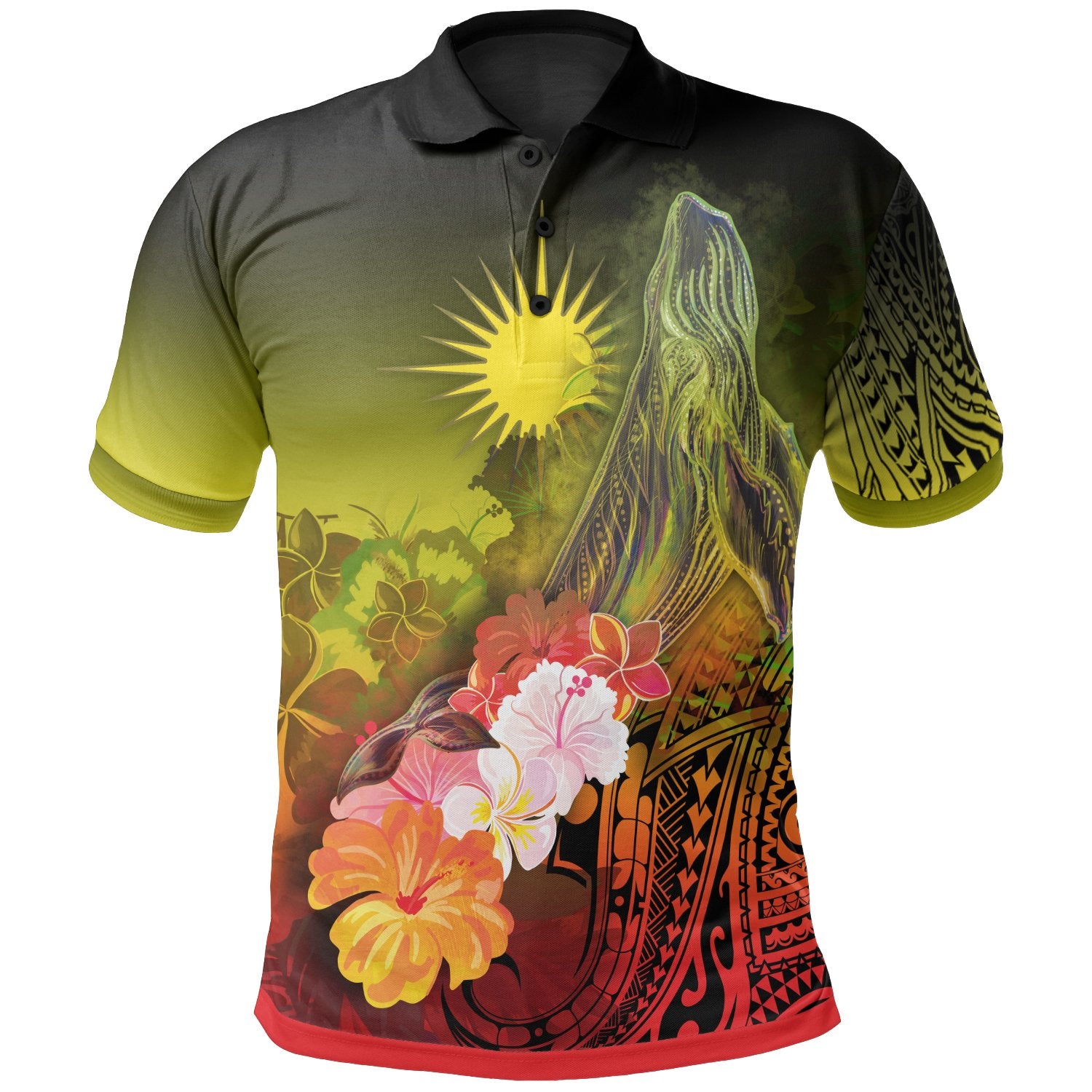 Marshall Islands Polo Shirt – Humpback Whale With Tropical Flowers (Yellow)