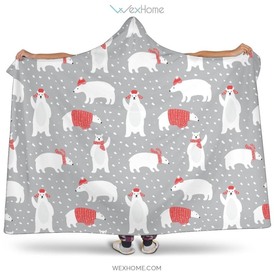 Cute Polar Bear Christmas Snow Pattern Hooded Blanket