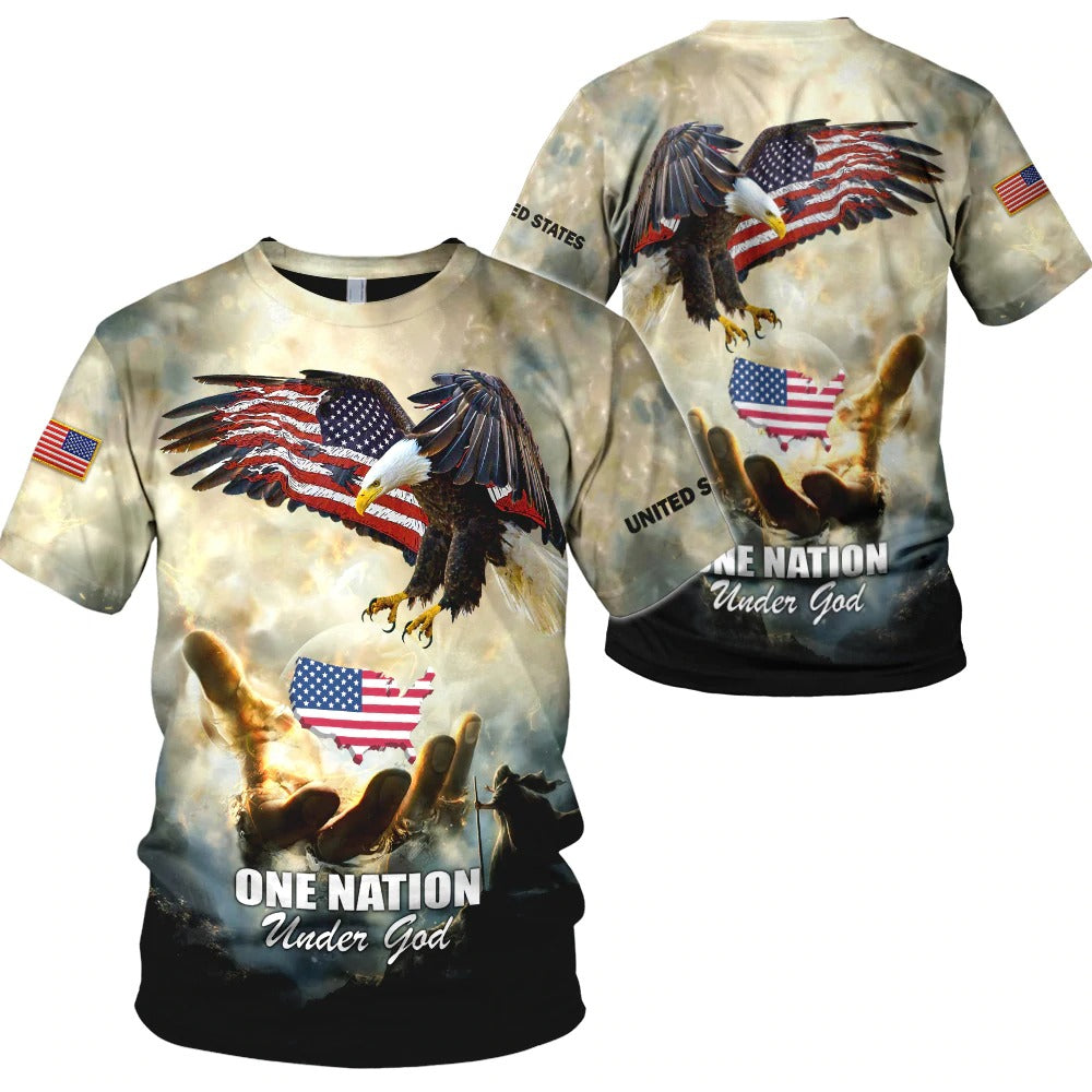 One Nation Under God American Flag Ealge God Hand All Over Print Shirt, United States Eagle Under God 3D Jacket