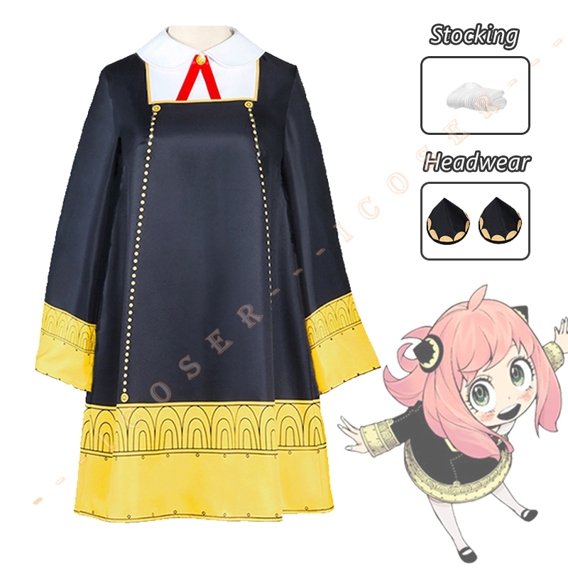 Spy X Family Anya Forger Cosplay Costume 2022 New Anime Kids Black Dress Kawaii Girls Women Pink Wig Party Outfit Loid Daughter alx