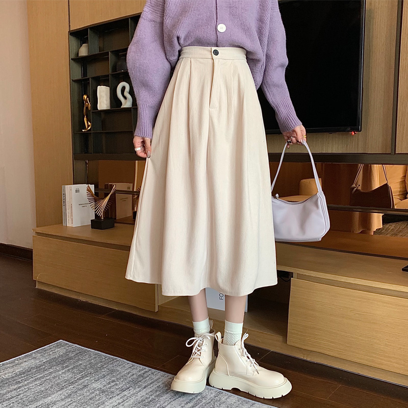 Vintage Corduroy Pleated Skirt Womens Thick Autumn Winter Skirt Korean Fashion High Waist Velvet Midi Long A-Line Skirt Female alx