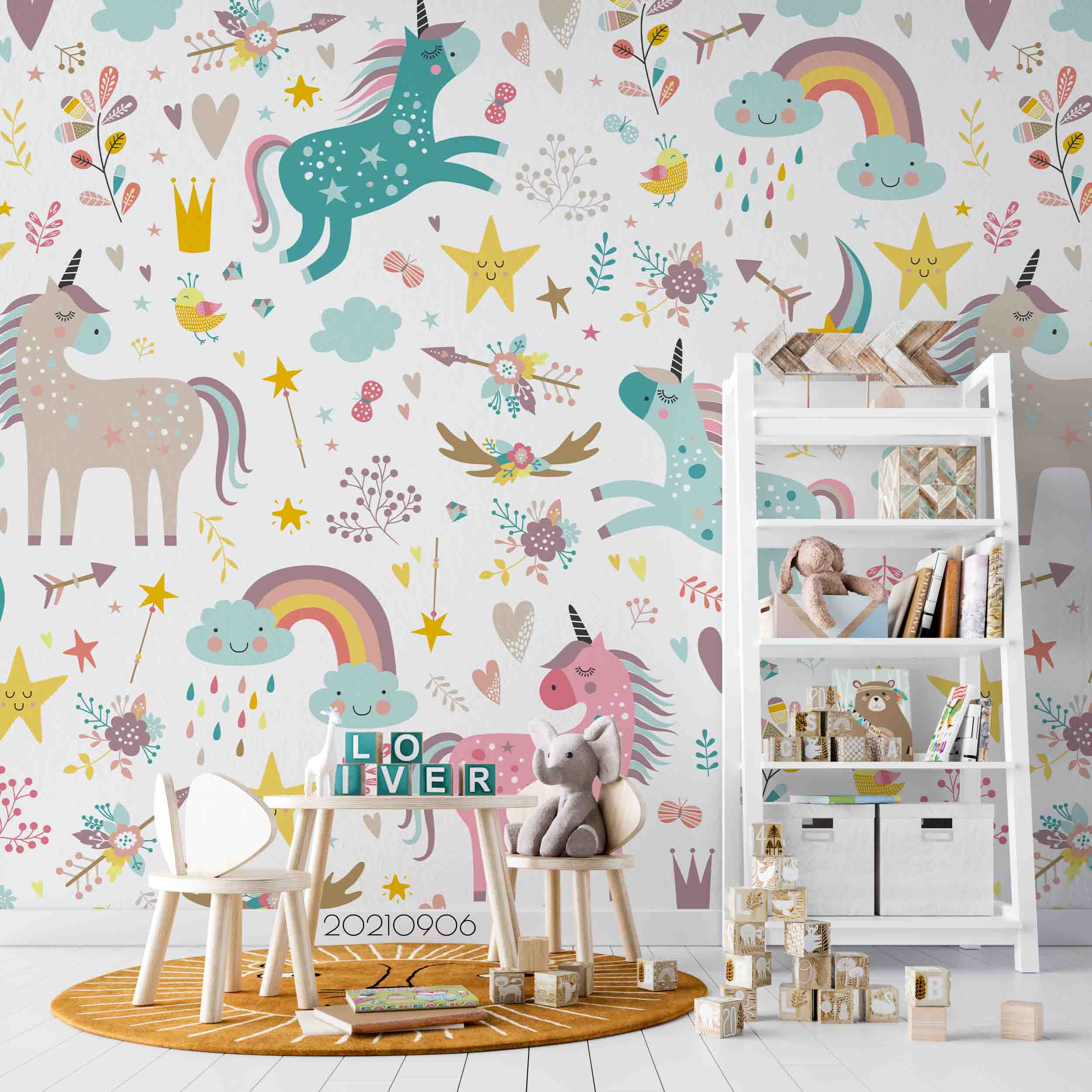 3D Cartoon Animal Unicorn Rainbow Wall Mural Wallpaper Lqh 617