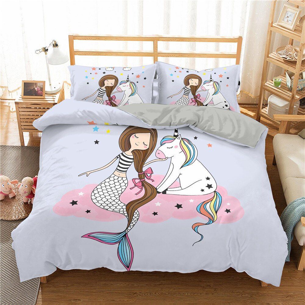 3D Cartoon Mermaid Bedding Set For Kids/Baby/Child/Boy/Girl Unicorn Duvet Cover Set Twin Full Bed Linen Cover Set