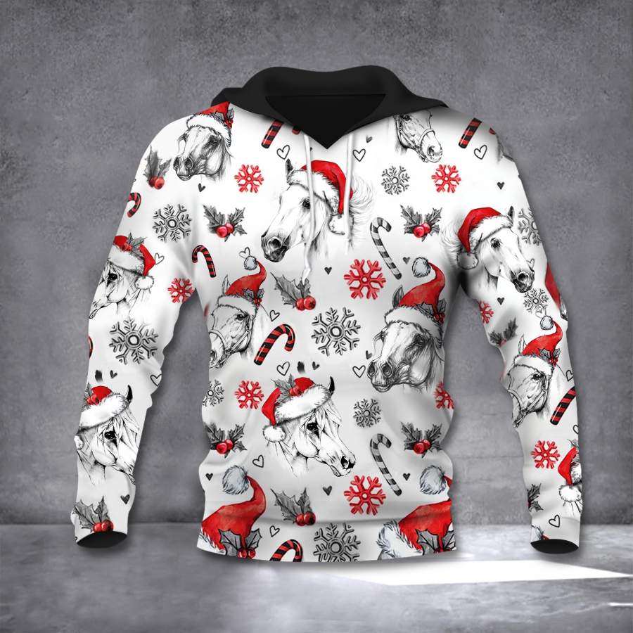 Horse Merry Christmas Hoodie Cute Animal With Santa Hat Christmas Hoodie Mens Xmas Gift For Him