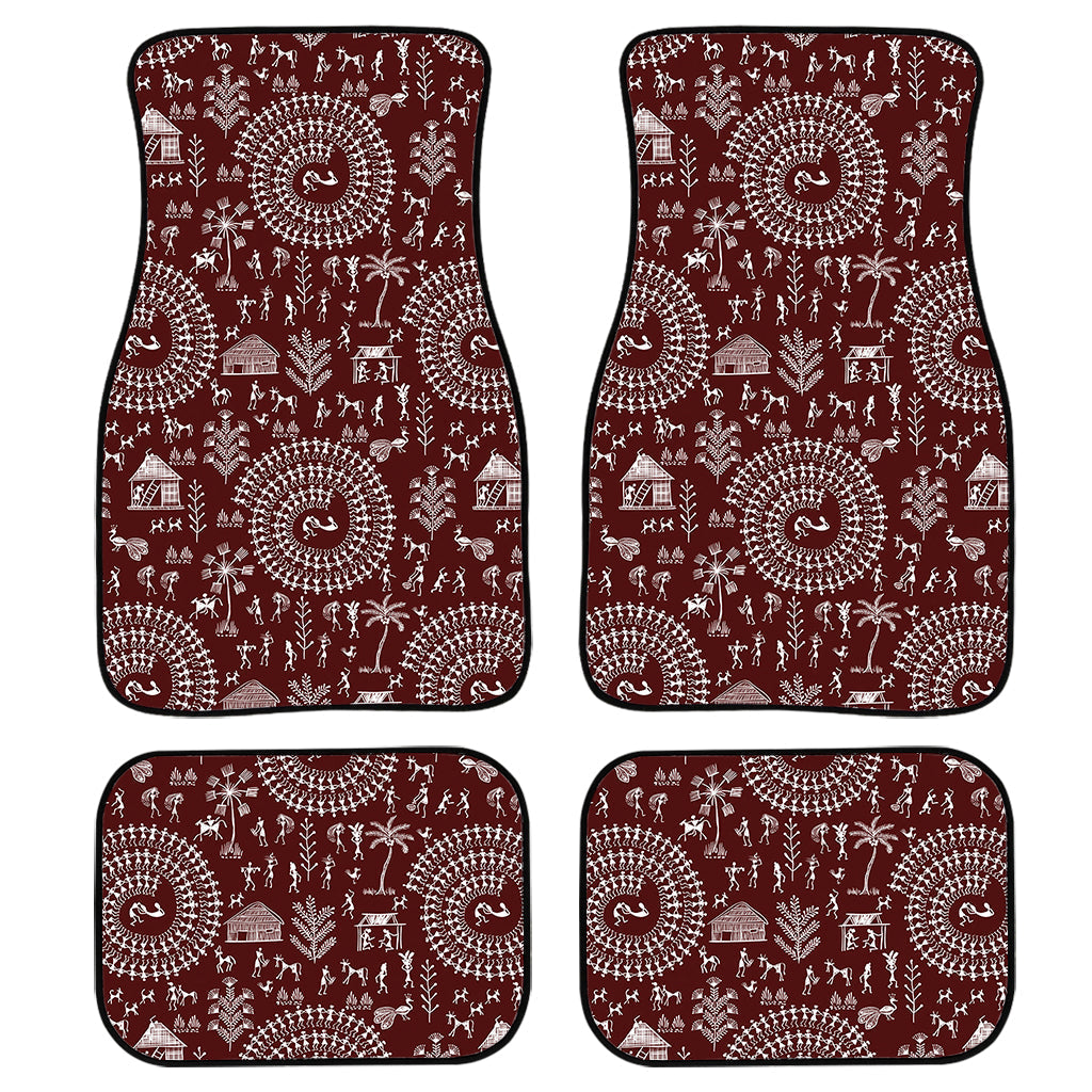 Red And White Warli Tribal Print Front And Back Car Floor Mats, Front Car Mat