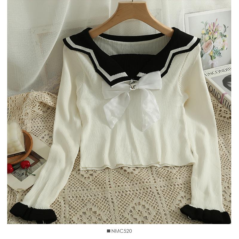 Sweet Sweater Jumpers Girls Bowknot Sailor Collar Cropped Sweater Pullover Crop Top Women Knitted Slim Vintage Knitwear alx