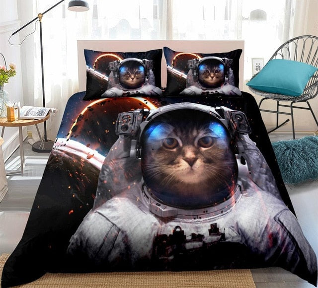 Astronaut Cat Space Animals Duvet Cover Set, Microfiber Fabric, Twin/Full/Queen/King Bedding For Teen