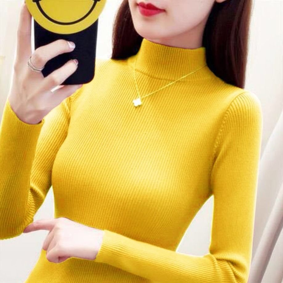 Autumn And Winter New Women’s Large Size Solid Color Semi Turtleneck Pullover Lady Long Sleeve Fashion Slim Fitting Knitted Top alx