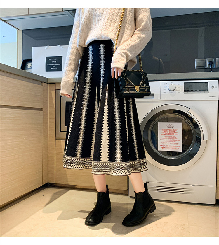 Autumn Winter Casual Soft Solid Fashion Women’s Dress Knitted Sweater Long Skirt Slim Grace Temperament Stripe Irregular Wave alx