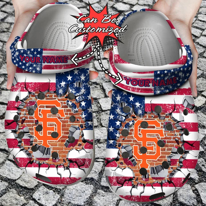 Baseball Crocss – Personalized Sf Giants American Flag Breaking Wall Clog Shoes