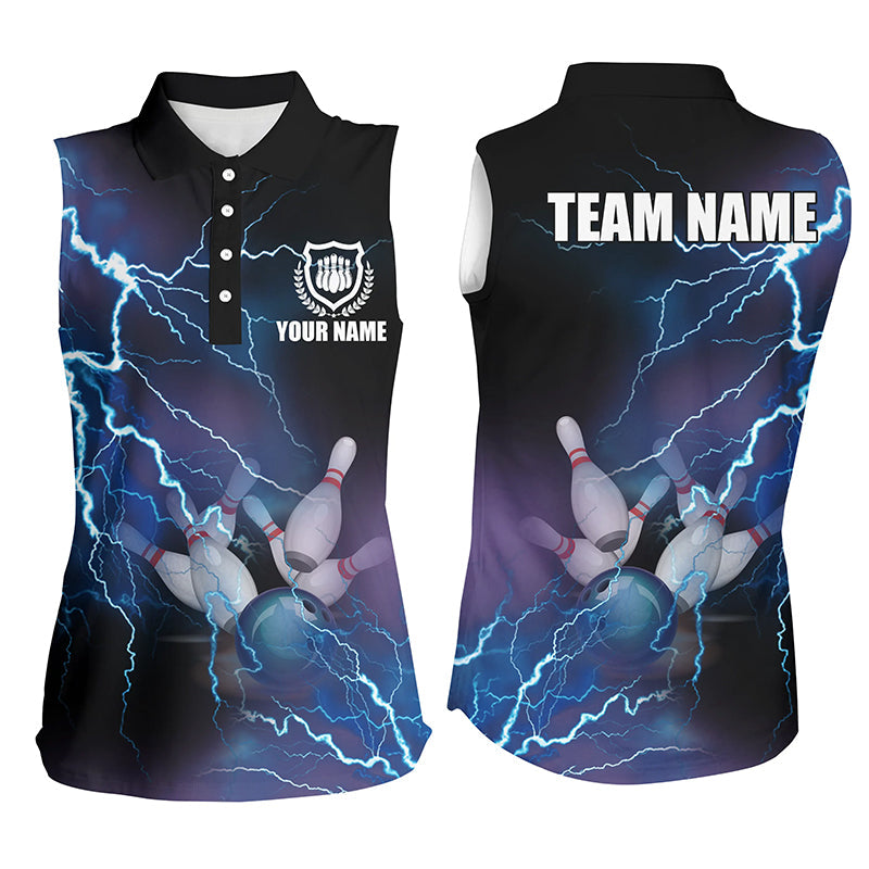 Women Bowling Sleeveless Polo Shirts, Custom Blue Lightning Thunder Bowling Team Jersey