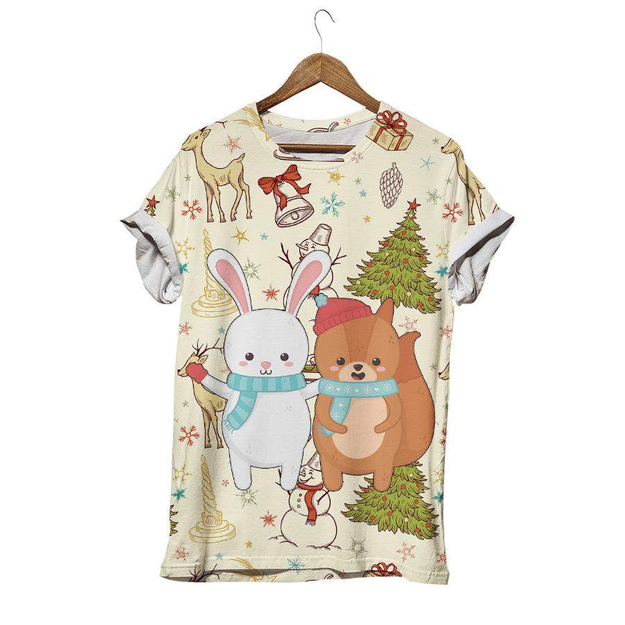 Cute Rabbit And Squirrel With Scarf And Mittens Snowman Christmas Tree Rabbit T-shirt