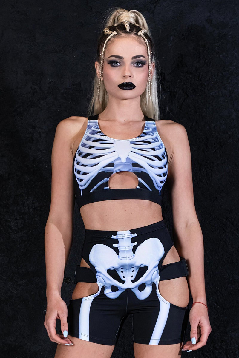 Skeleton Crop Top for Women, festival crop top, rave cropped top, Halloween crop top, rave wear, rave 2 piece set, festival clothing