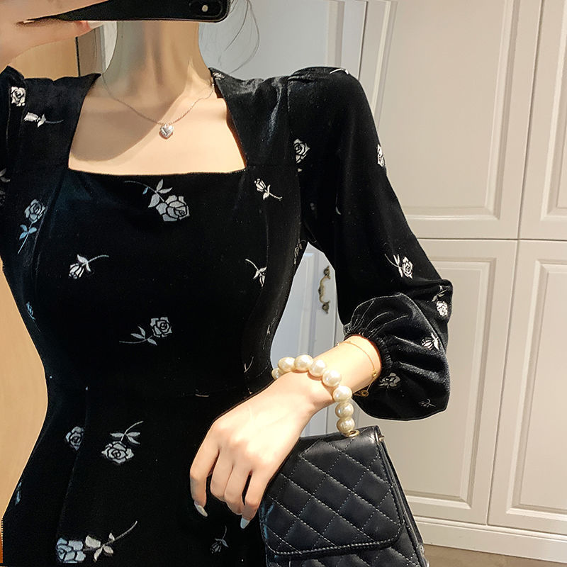 Spring Floral Vintage Dress Women French Elegant Retro Black Party Dress Female Long Sleeve Square Collar Korean Dress alx