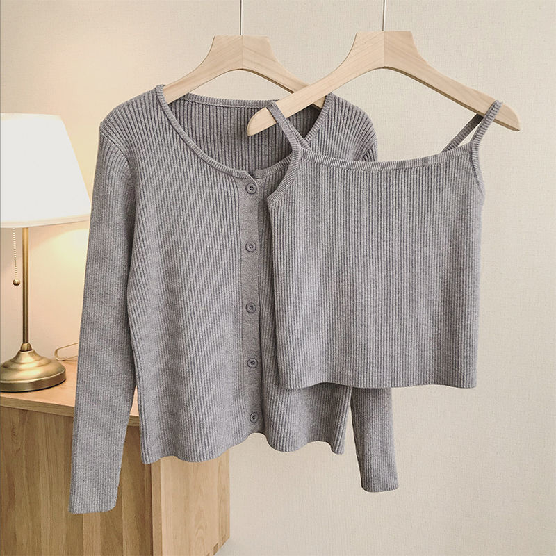 Casual Sling Camisole Knitted Cardigan Jacket Women Korean Fashion Basic Vest+long Sleeve Top Solid 2 Piece Set Sweater Autumn alx