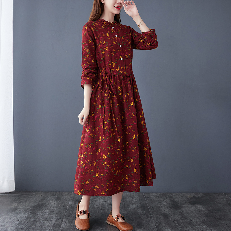 Autumn Winter Women Dresses Casual Vintage Print Long Sleeve Cotton Linen Dress Fashion Elegant Slim Office Lady Dresses Robe alx