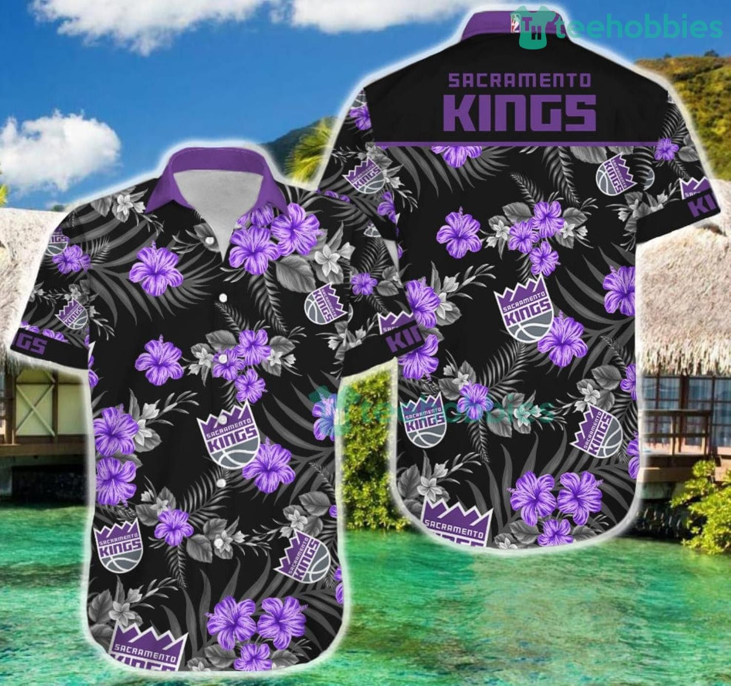 NBA Sacramento Kings Purple Black Tropical Flowers Hawaiian Shirt