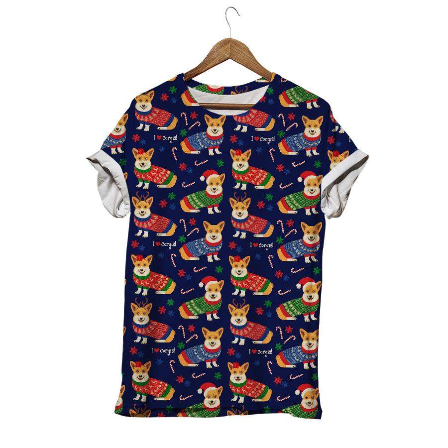 Cute Puppy Christmas Pattern With Corgi Colorful Corgi Dog T-shirt