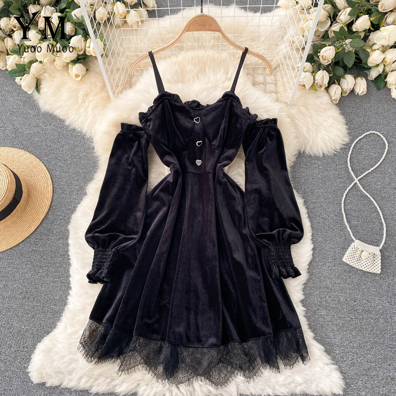 YuooMuoo ins Fashion Women Princess Black Mini Dress Off Shoulders High Waist Lace Patchwork Gothic Dress Korean Party Vestidos alx